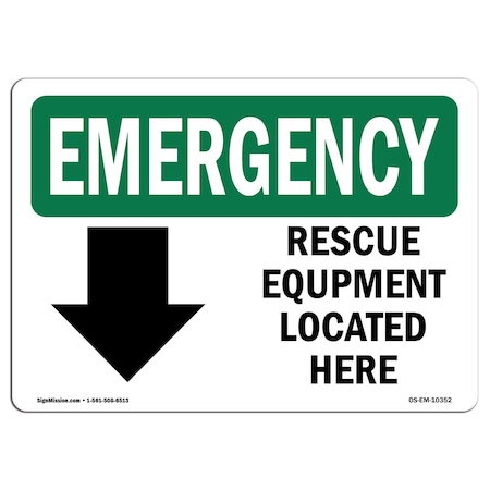 Signmission Safety Sign, OSHA EMERGENCY, 7" Height, Rescue Equipment Located Here, Landscape, EM-D-L-10352 OS-EM-D-710-L-10352